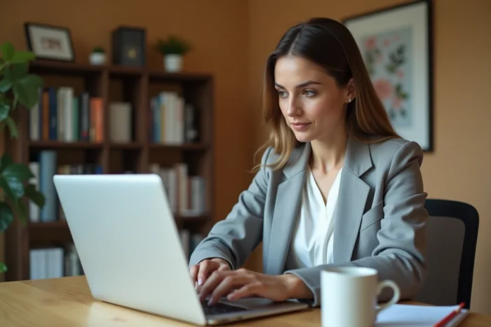 Femme accédant à son espace client BNP Paribas en ligne depuis son bureau à domicile