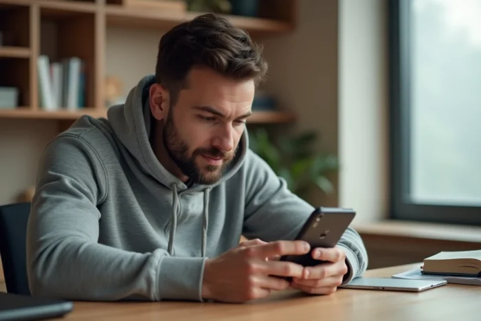 Homme utilisant un smartphone Android pour accéder à un espace membre depuis son bureau à domicile