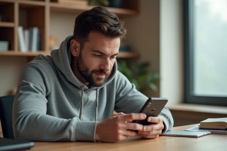 Homme utilisant un smartphone Android pour accéder à un espace membre depuis son bureau à domicile