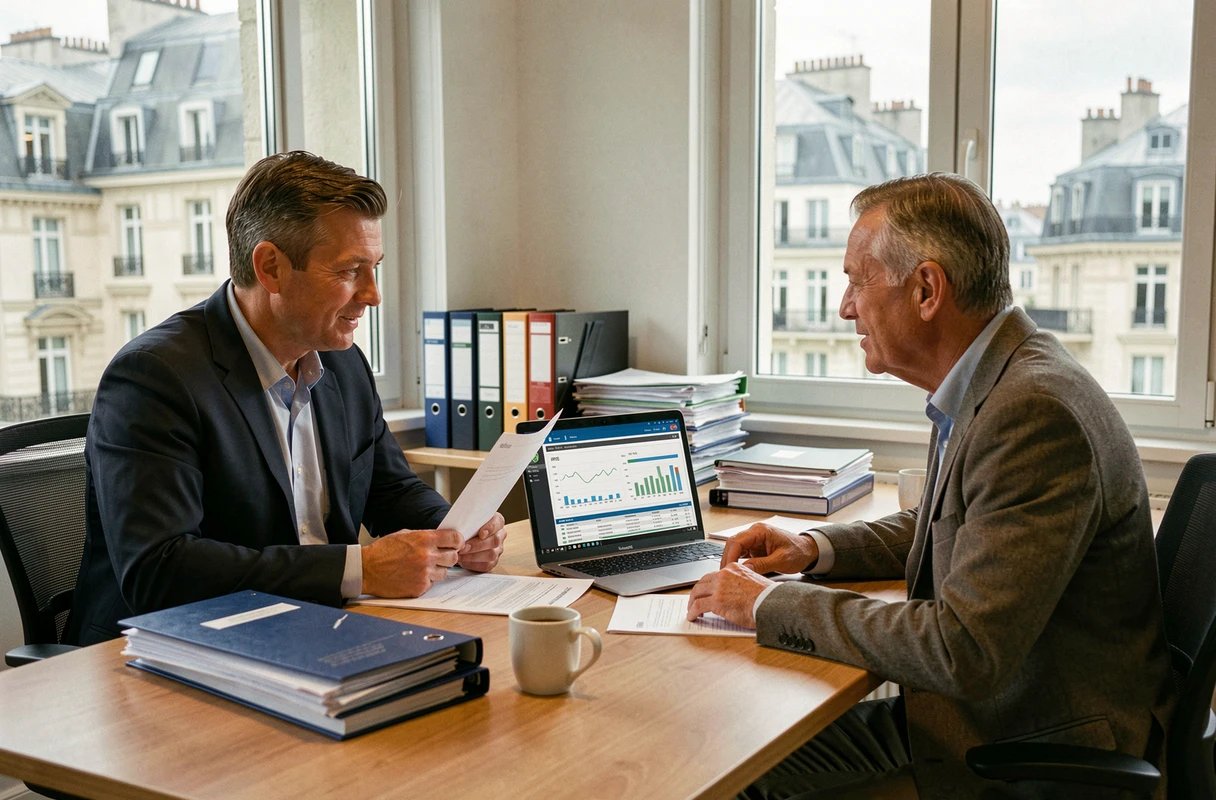 Administrateurs d'un SDIS analysant des rapports statistiques sur le logiciel de gestion IRIS lors d'une réunion de direction