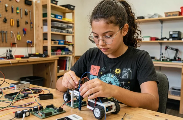 Adolescente assemblant un kit de robotique dans un makerspace créatif high tech
