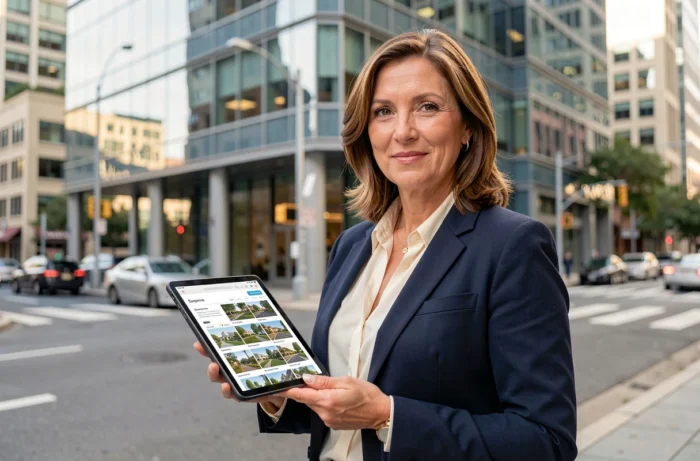 Agent immobilière professionnelle tenant une tablette avec des annonces immobilières devant un immeuble moderne en 2024