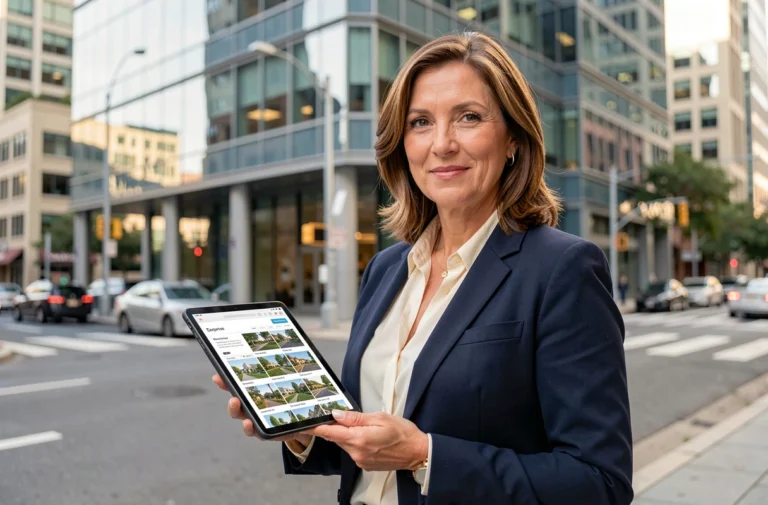 Agent immobilière professionnelle tenant une tablette avec des annonces immobilières devant un immeuble moderne en 2024