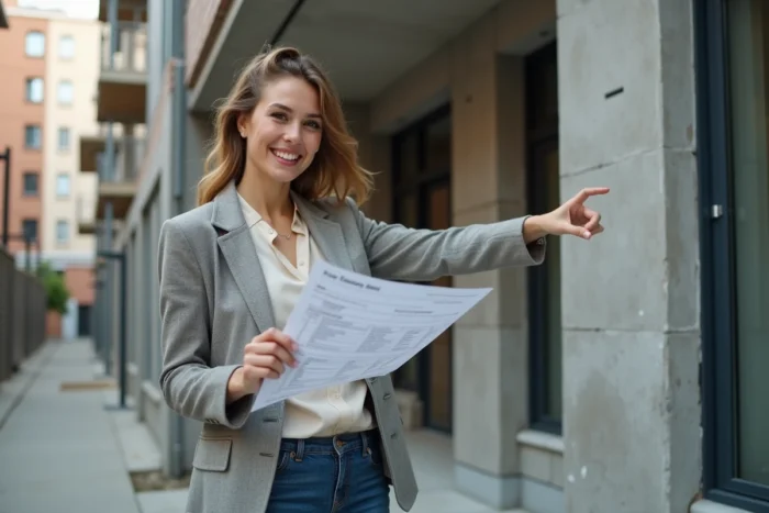 Femme agent immobilier devant un immeuble en construction tenant un devis des frais d'achat