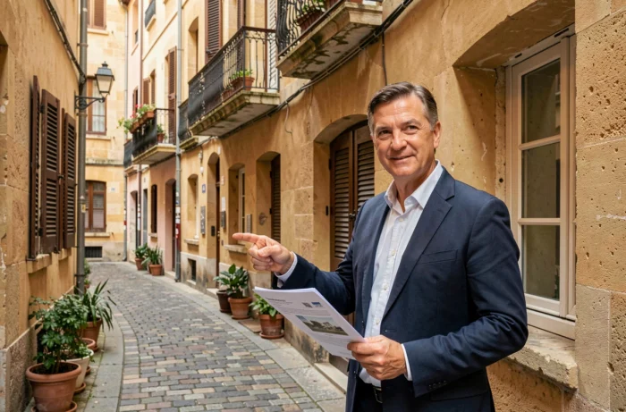 Agent immobilier devant un immeuble lyonnais en pierre dorée dans le Vieux-Lyon, illustrant le marché locatif 2026