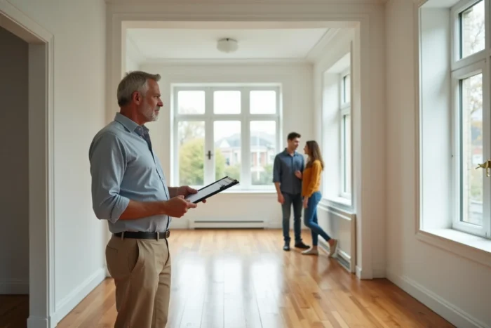Agent immobilier présentant un appartement vide à un couple de locataires potentiels