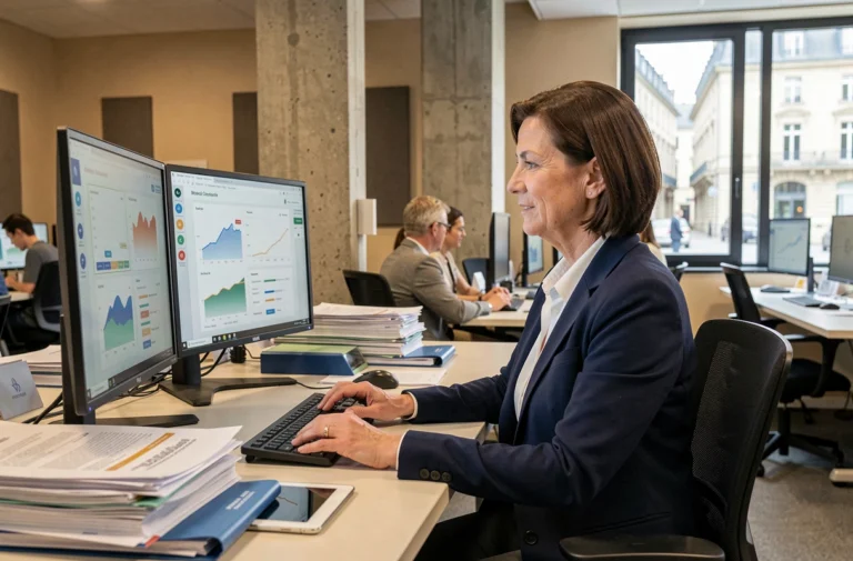 Agente municipale en pleine transition numérique consultant des tableaux de bord digitaux dans un hôtel de ville modernisé en 2024