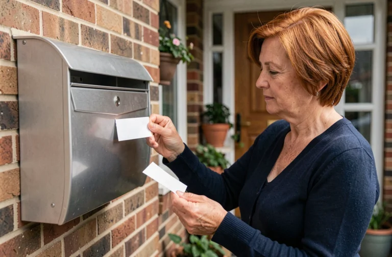 Femme appliquant une étiquette avec plusieurs noms sur une boîte aux lettres extérieure en métal argenté