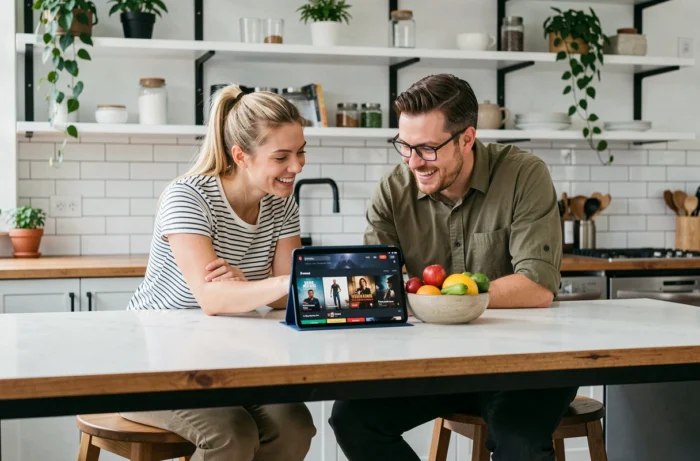 Deux amis parcourant des options de streaming sur une tablette dans une cuisine loft moderne et lumineuse