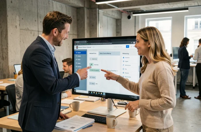 Deux collègues analysant le sitemap d'un site automobile sur un écran de bureau en open space