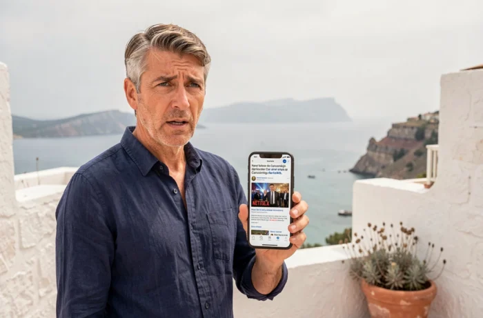 Homme lisant sur son smartphone l'annulation de la série White Lines de Netflix avec vue sur la Méditerranée