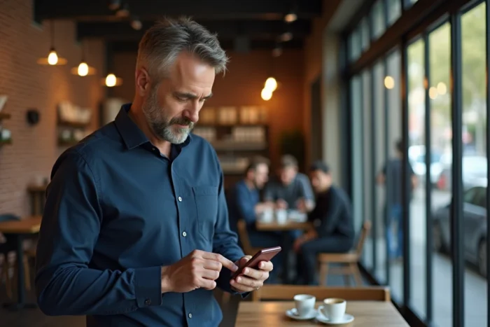 Homme d'affaires consultant un espace membre privé sur application Android dans un café moderne