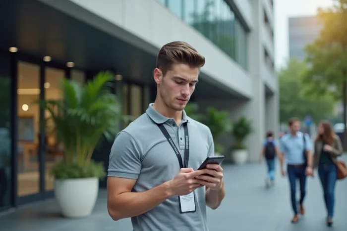 Jeune apprenti en alternance vérifiant des informations sur son téléphone devant une entreprise