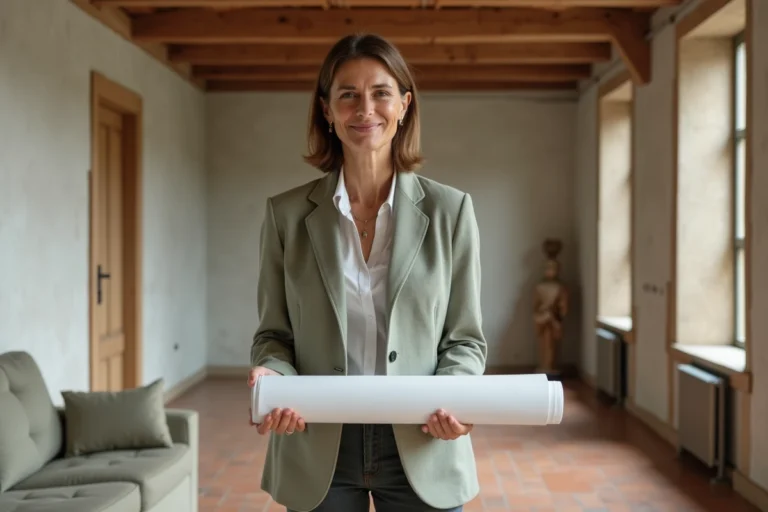 Architecte d'intérieur tenant des plans dans un appartement alsacien en cours de rénovation à Strasbourg, alliant colombages traditionnels et mobilier contemporain sur mesure