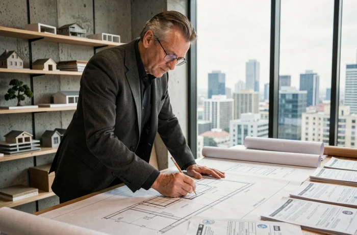 Architecte urbain étudiant des plans de permis de construire dans un studio contemporain avec vue sur la ville