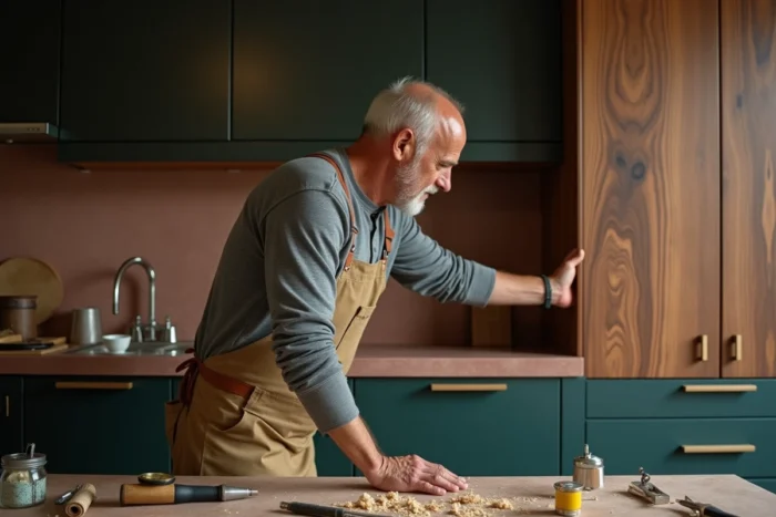 Artisan menuisier installant un panneau en noyer dans une cuisine contemporaine sur mesure à Strasbourg, avec façades vert forêt et plan de travail en pierre de Bourgogne