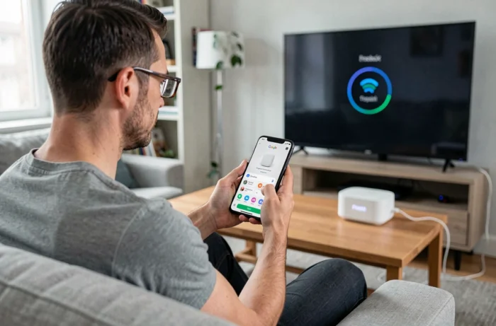 Homme associant le Player Pop comme appareil Chromecast dans l'application Google Home sur son smartphone, avec la Freebox visible en arrière-plan