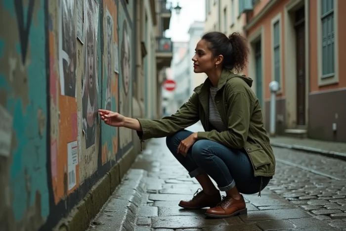 Astrée Lhermitte-Soka dans une ruelle urbaine examinant l'une de ses œuvres affichées sur un mur, évoquant ses débuts artistiques dans la rue
