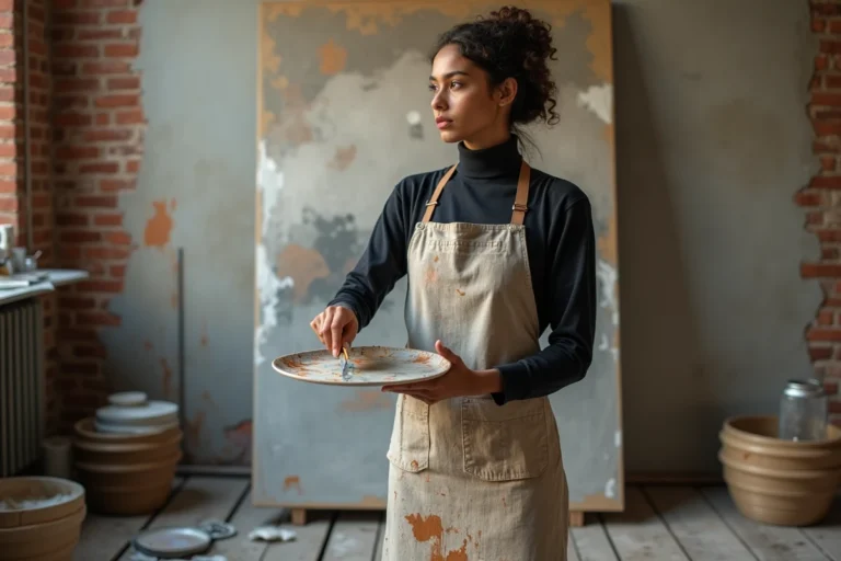 Artiste peintre Astrée Lhermitte-Soka dans son atelier devant une grande toile abstraite, tenant une spatule de peinture avec une expression concentrée