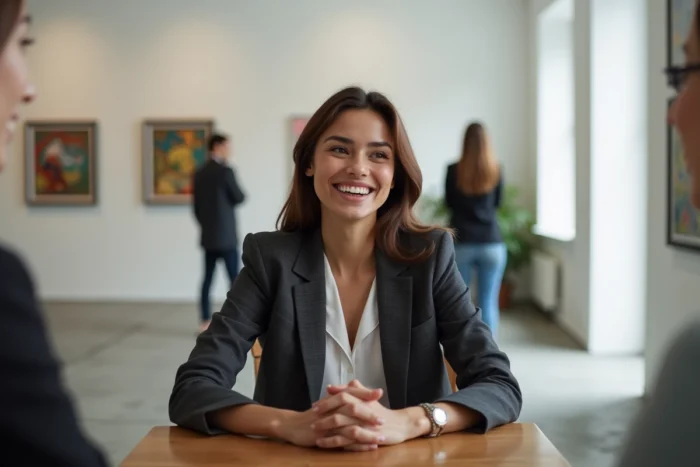 Astrée Lhermitte-Soka lors d'une rencontre artistique dans une galerie contemporaine, souriante et engagée dans une conversation professionnelle