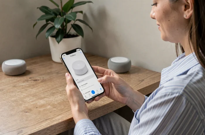 Femme attribuant le Player Pop à une pièce spécifique dans l'application Google Home pour des commandes contextuelles précises