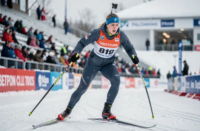 Biathlète féminine en plein effort sur le circuit de ski de fond pendant une manche officielle
