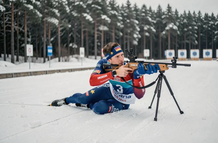 Biathlète masculin en position allongée sur le pas de tir lors d'une compétition hivernale