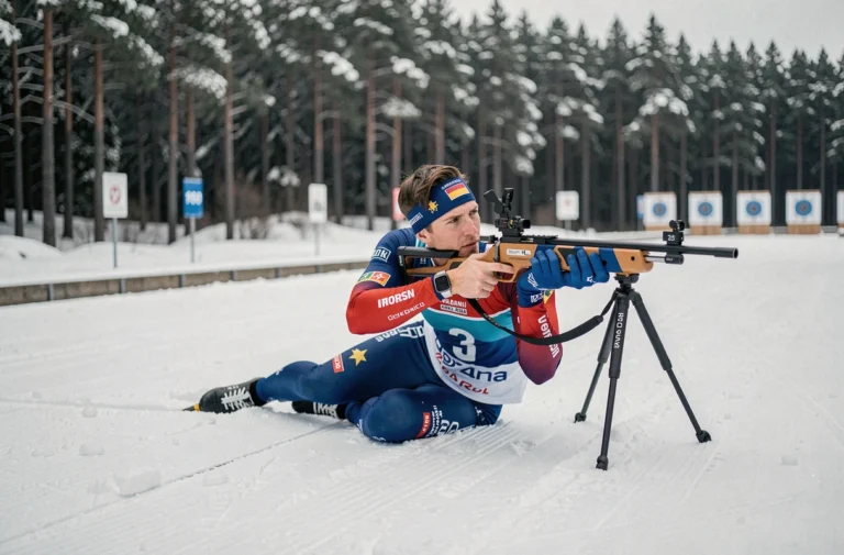 Biathlète masculin en position allongée sur le pas de tir lors d'une compétition hivernale