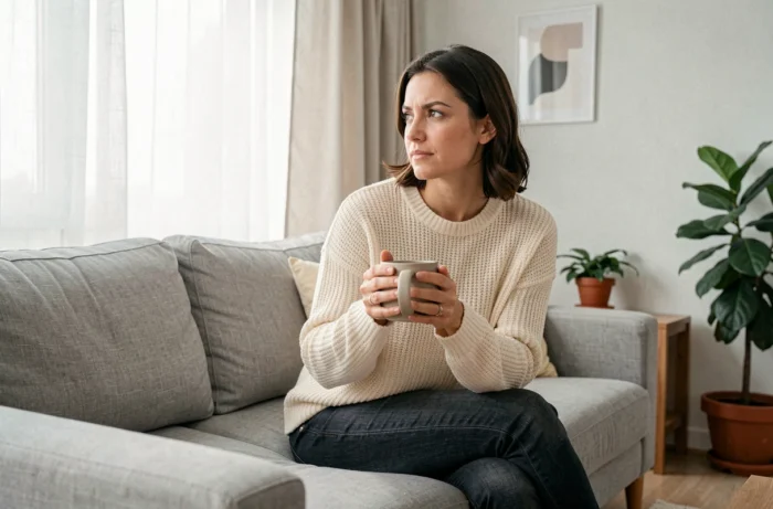 Femme en moment de réflexion personnelle et bien-être mental dans un salon minimaliste moderne