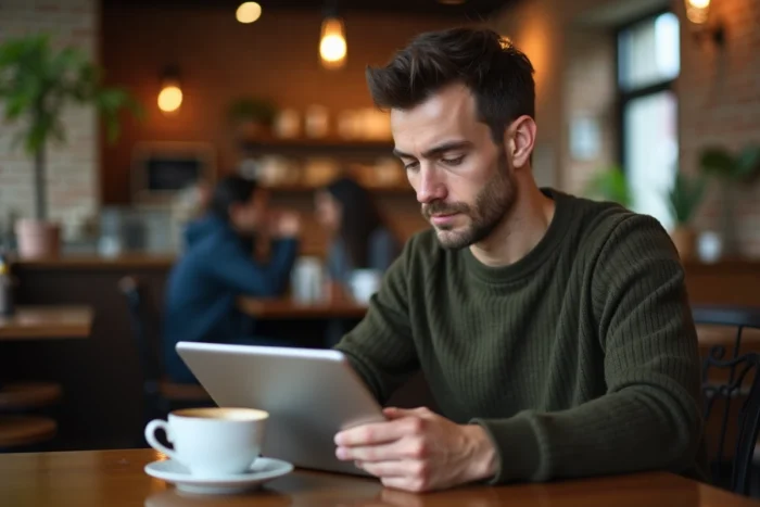 Blogueur analysant les performances de son blog sur une tablette dans un café urbain tendance
