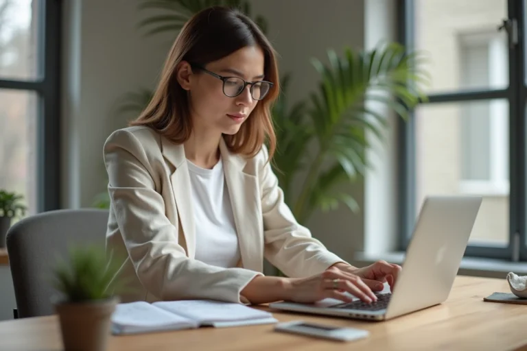 Blogueuse professionnelle travaillant sur son blog depuis un bureau à domicile moderne et épuré en 2024