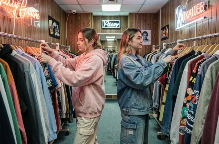 Deux amies feuilletant des vêtements de marques années 2000 dans une boutique vintage rétro