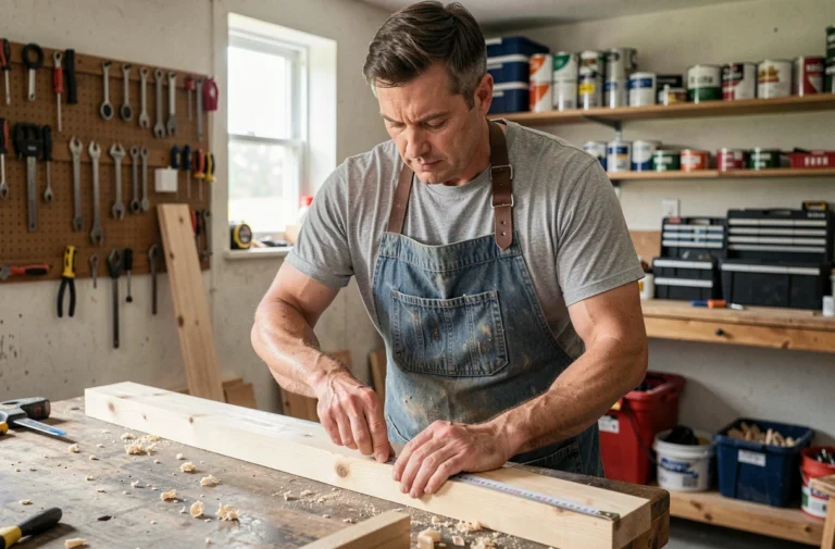Homme mesurant une planche en bois dans un atelier de bricolage à domicile, avec des outils accrochés au mur
