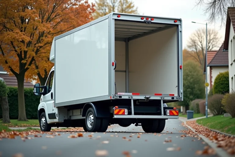 Camion 10 m3 blanc garé devant une maison résidentielle avec hayon ouvert montrant la capacité de chargement
