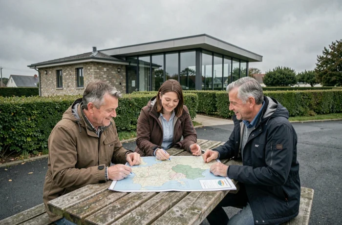Groupe de citoyens consultant une carte des services de la communauté de communes de Guingamp