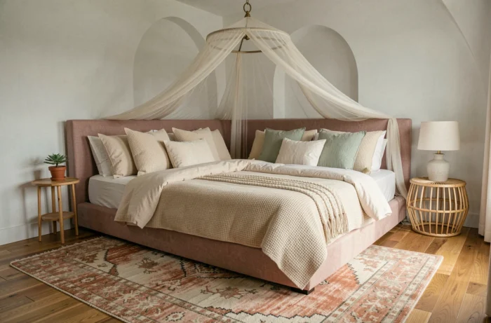 Chambre bohème moderne avec lit en lin rose poudré, tapis marocain vintage en laine terracotta et baldaquin en gaze sur parquet chêne chaud