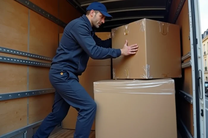 Déménageur chargeant des cartons dans un camion 10 m3 montrant l'espace intérieur et la capacité utile
