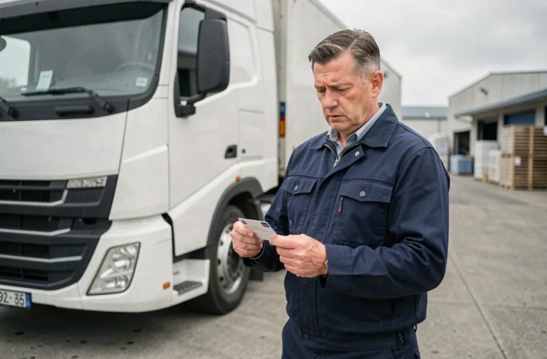 Chauffeur routier professionnel examinant sa carte conducteur CQC devant un camion poids lourd dans un dépôt industriel