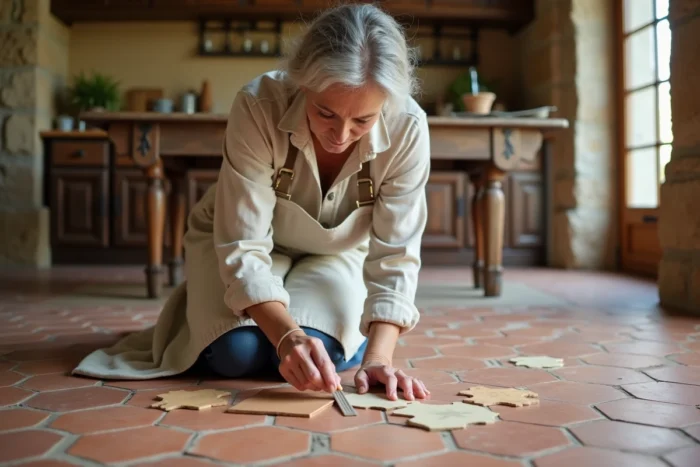 Femme comparant des échantillons de carrelage moderne avec des tomettes anciennes dans une cuisine rustique provençale