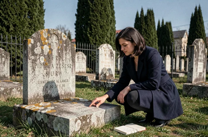 Femme recherchant ses racines familiales dans un cimetière provençal, se penchant sur une pierre tombale ancienne gravée au nom de sa famille