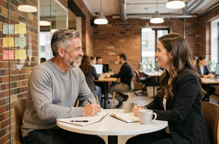 Homme de 44 ans en séance de coaching de carrière avec un conseiller professionnel dans un espace de coworking moderne