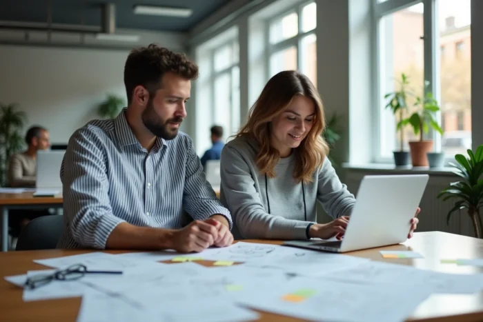Deux blogueurs collaborant sur une stratégie de contenu dans un espace de coworking moderne en 2024