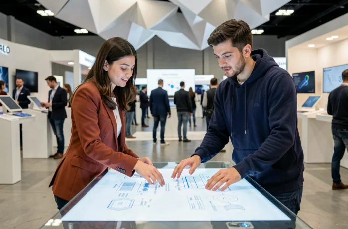 Deux professionnels collaborant sur une table tactile transparente lors d'une exposition technologique