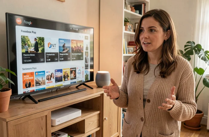 Femme utilisant une commande vocale vers un Google Home pour changer de chaîne TNT sur sa télévision connectée à la Freebox Pop