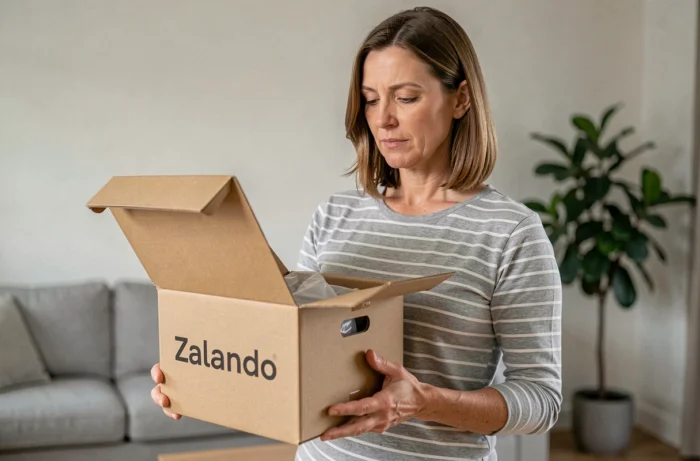 Femme vérifiant une commande Zalando reçue à domicile avant de contacter le service client en Belgique