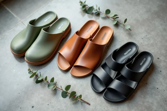 Comparaison de plusieurs modèles de chaussures confortables alternatives à Birkenstock posées sur sol en terrazzo