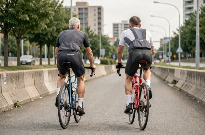 Deux cyclistes côte à côte comparant deux vélos de route entrée de gamme sur une piste cyclable urbaine