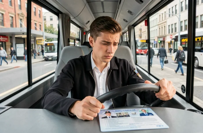 Conducteur de bus urbain assis au volant consultant sa carte de qualification conducteur CQC posée sur le tableau de bord