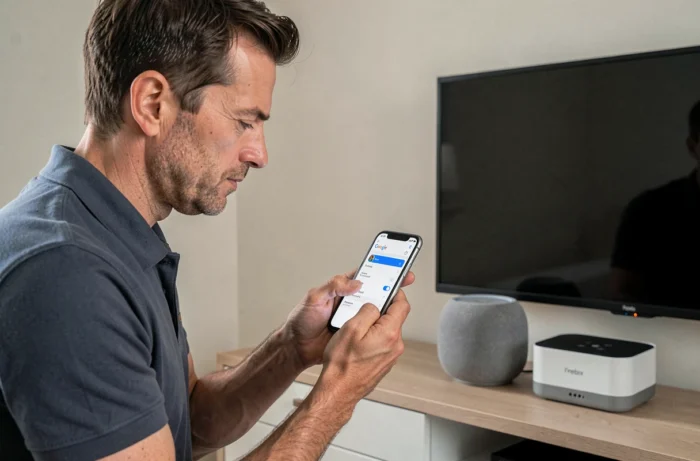 Homme configurant le Bluetooth du Google Home avec le Player Pop via l'application mobile sur son smartphone