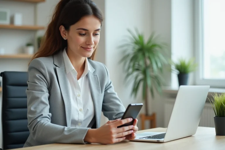 Femme professionnelle configurant la messagerie académique AC Normandie sur un smartphone Android dans un bureau moderne